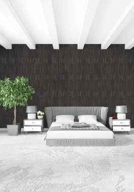 Beyaz yatak odası en az stil iç tasarım ahşap duvar ve gri Kanepeli. 3D render. 3D çizim