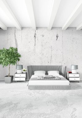 Beyaz yatak odası en az stil iç tasarım ahşap duvar ve gri Kanepeli. 3D render. 3D çizim