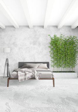Beyaz yatak odası en az stil iç tasarım ahşap duvar ve gri Kanepeli. 3D render. 3D çizim