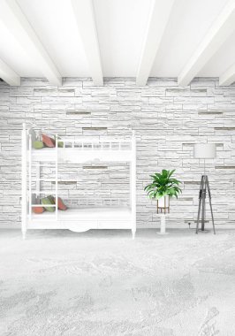 Beyaz yatak odası en az stil iç tasarım ahşap duvar ve gri Kanepeli. 3D render. 3D çizim