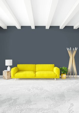 Beyaz yatak odası en az stil iç tasarım ahşap duvar ve gri Kanepeli. 3D render. 3D çizim