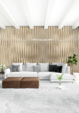 Beyaz yatak odası en az stil iç tasarım ahşap duvar ve gri Kanepeli. 3D render. 3D çizim