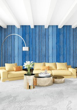 Beyaz yatak odası en az stil iç tasarım ahşap duvar ve gri Kanepeli. 3D render. 3D çizim