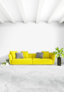 Beyaz yatak odası en az stil iç tasarım ahşap duvar ve gri Kanepeli. 3D render. 3D çizim