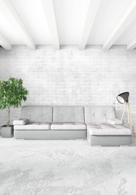 Beyaz yatak odası en az stil iç tasarım ahşap duvar ve gri Kanepeli. 3D render. 3D çizim