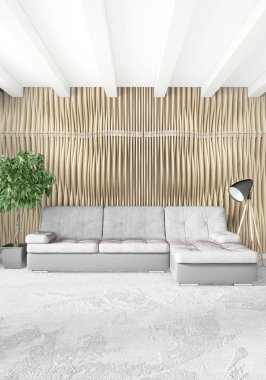 Beyaz yatak odası en az stil iç tasarım ahşap duvar ve gri Kanepeli. 3D render. 3D çizim