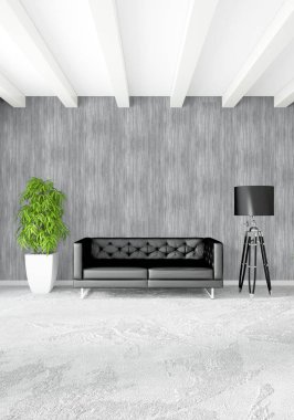 Beyaz yatak odası en az stil iç tasarım ahşap duvar ve gri Kanepeli. 3D render. 3D çizim