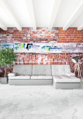 Beyaz yatak odası en az stil iç tasarım ahşap duvar ve gri Kanepeli. 3D render. 3D çizim