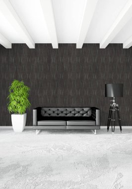 Beyaz yatak odası en az stil iç tasarım ahşap duvar ve gri Kanepeli. 3D render. 3D çizim