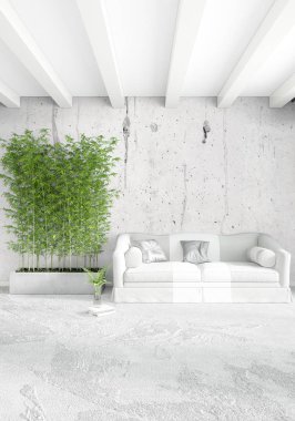 Beyaz yatak odası en az stil iç tasarım ahşap duvar ve gri Kanepeli. 3D render. 3D çizim