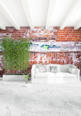 Beyaz yatak odası en az stil iç tasarım ahşap duvar ve gri Kanepeli. 3D render. 3D çizim