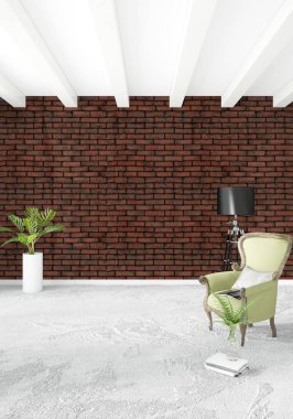 Beyaz yatak odası en az stil iç tasarım ahşap duvar ve gri Kanepeli. 3D render. 3D çizim