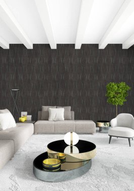 Beyaz yatak odası en az stil iç tasarım ahşap duvar ve gri Kanepeli. 3D render. 3D çizim