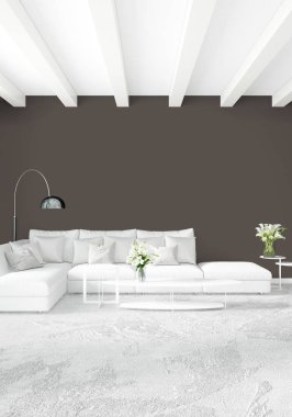 Beyaz yatak odası en az stil iç tasarım ahşap duvar ve gri Kanepeli. 3D render. 3D çizim