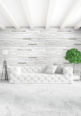 Beyaz yatak odası en az stil iç tasarım ahşap duvar ve gri Kanepeli. 3D render. 3D çizim