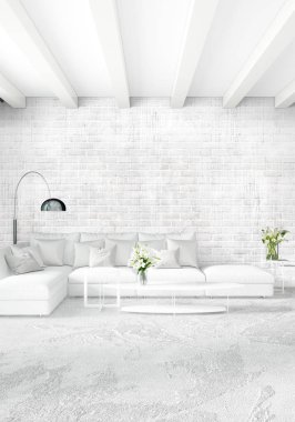 Beyaz yatak odası en az stil iç tasarım ahşap duvar ve gri Kanepeli. 3D render. 3D çizim