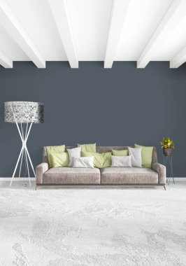 Beyaz yatak odası en az stil iç tasarım ahşap duvar ve gri Kanepeli. 3D render. 3D çizim