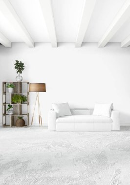 Beyaz yatak odası en az stil iç tasarım ahşap duvar ve gri Kanepeli. 3D render. 3D çizim