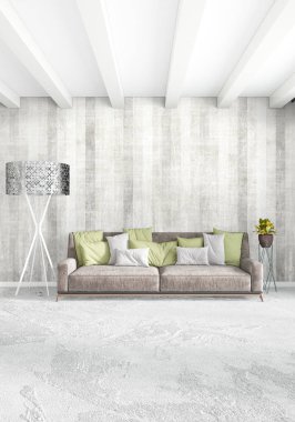 Beyaz yatak odası en az stil iç tasarım ahşap duvar ve gri Kanepeli. 3D render. 3D çizim