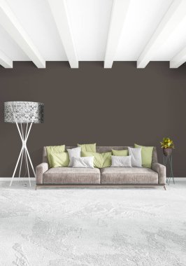 Beyaz yatak odası en az stil iç tasarım ahşap duvar ve gri Kanepeli. 3D render. 3D çizim