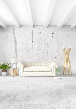 Beyaz yatak odası en az stil iç tasarım ahşap duvar ve gri Kanepeli. 3D render. 3D çizim