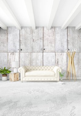 Beyaz yatak odası en az stil iç tasarım ahşap duvar ve gri Kanepeli. 3D render. 3D çizim