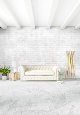 Beyaz yatak odası en az stil iç tasarım ahşap duvar ve gri Kanepeli. 3D render. 3D çizim