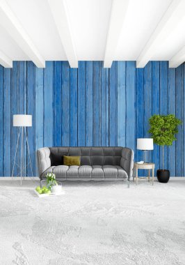 Beyaz yatak odası en az stil iç tasarım ahşap duvar ve gri Kanepeli. 3D render. 3D çizim