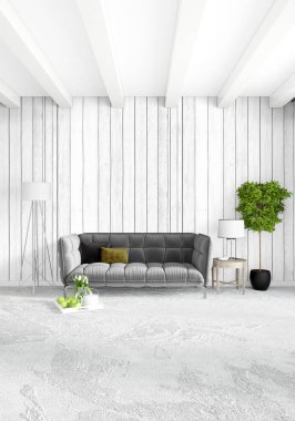 Beyaz yatak odası en az stil iç tasarım ahşap duvar ve gri Kanepeli. 3D render. 3D çizim