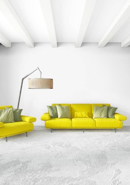 Beyaz yatak odası en az stil iç tasarım ahşap duvar ve gri Kanepeli. 3D render. 3D çizim