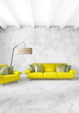 Beyaz yatak odası en az stil iç tasarım ahşap duvar ve gri Kanepeli. 3D render. 3D çizim