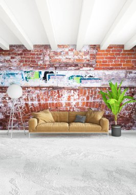 Beyaz yatak odası en az stil iç tasarım ahşap duvar ve gri Kanepeli. 3D render. 3D çizim