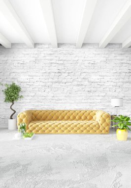 Beyaz yatak odası en az stil iç tasarım ahşap duvar ve gri Kanepeli. 3D render. 3D çizim