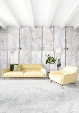 Beyaz yatak odası en az stil iç tasarım ahşap duvar ve gri Kanepeli. 3D render. 3D çizim