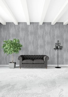 Beyaz yatak odası en az stil iç tasarım ahşap duvar ve gri Kanepeli. 3D render. 3D çizim