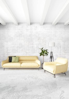 Beyaz yatak odası en az stil iç tasarım ahşap duvar ve gri Kanepeli. 3D render. 3D çizim