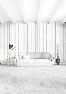 Beyaz yatak odası en az stil iç tasarım ahşap duvar ve gri Kanepeli. 3D render. 3D çizim