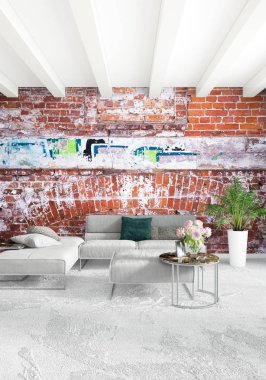 Beyaz yatak odası en az stil iç tasarım ahşap duvar ve gri Kanepeli. 3D render. 3D çizim