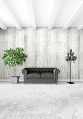 Beyaz yatak odası en az stil iç tasarım ahşap duvar ve gri Kanepeli. 3D render. 3D çizim