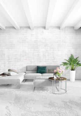 Beyaz yatak odası en az stil iç tasarım ahşap duvar ve gri Kanepeli. 3D render. 3D çizim