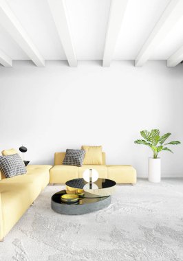 Beyaz yatak odası en az stil iç tasarım ahşap duvar ve gri Kanepeli. 3D render. 3D çizim