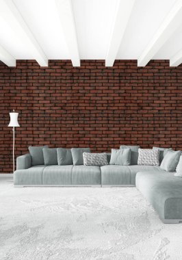 Beyaz yatak odası en az stil iç tasarım ahşap duvar ve gri Kanepeli. 3D render. 3D çizim