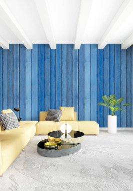 Beyaz yatak odası en az stil iç tasarım ahşap duvar ve gri Kanepeli. 3D render. 3D çizim