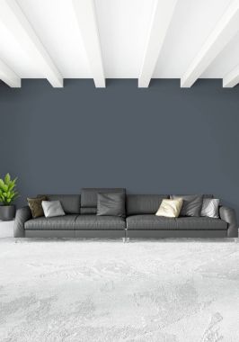 Beyaz yatak odası en az stil iç tasarım ahşap duvar ve gri Kanepeli. 3D render. 3D çizim