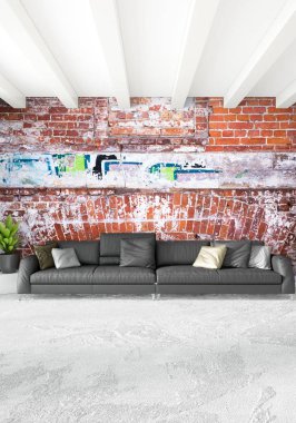 Beyaz yatak odası en az stil iç tasarım ahşap duvar ve gri Kanepeli. 3D render. 3D çizim