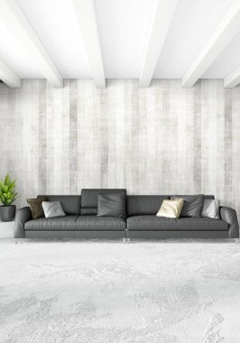 Beyaz yatak odası en az stil iç tasarım ahşap duvar ve gri Kanepeli. 3D render. 3D çizim