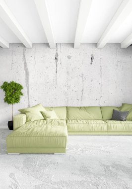 Beyaz yatak odası en az stil iç tasarım ahşap duvar ve gri Kanepeli. 3D render. 3D çizim