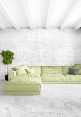 Beyaz yatak odası en az stil iç tasarım ahşap duvar ve gri Kanepeli. 3D render. 3D çizim