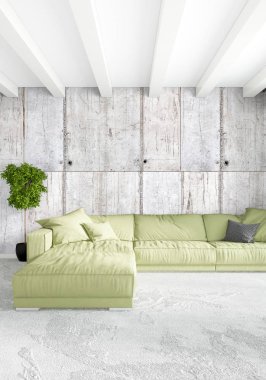 Beyaz yatak odası en az stil iç tasarım ahşap duvar ve gri Kanepeli. 3D render. 3D çizim