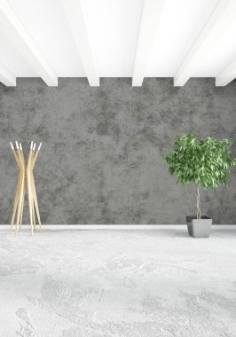 Beyaz yatak odası en az stil iç tasarım ahşap duvar ve gri Kanepeli. 3D render. 3D çizim